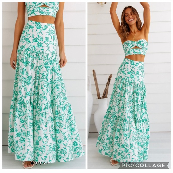 Hello Molly Runaway Ayla Tiered Tropical White Green Maxi Skirt | Size Small - Picture 13 of 17